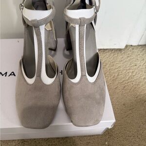 Marc Fisher Gray Cyrene3 Block T-Strap Heels